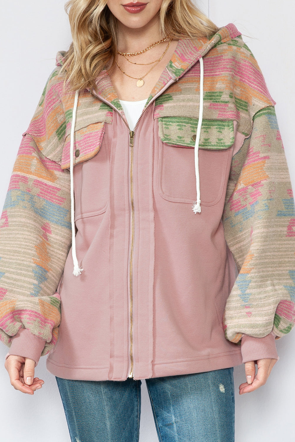 Light Pink Geometric Patchwork Hooded Zip Up Jacket