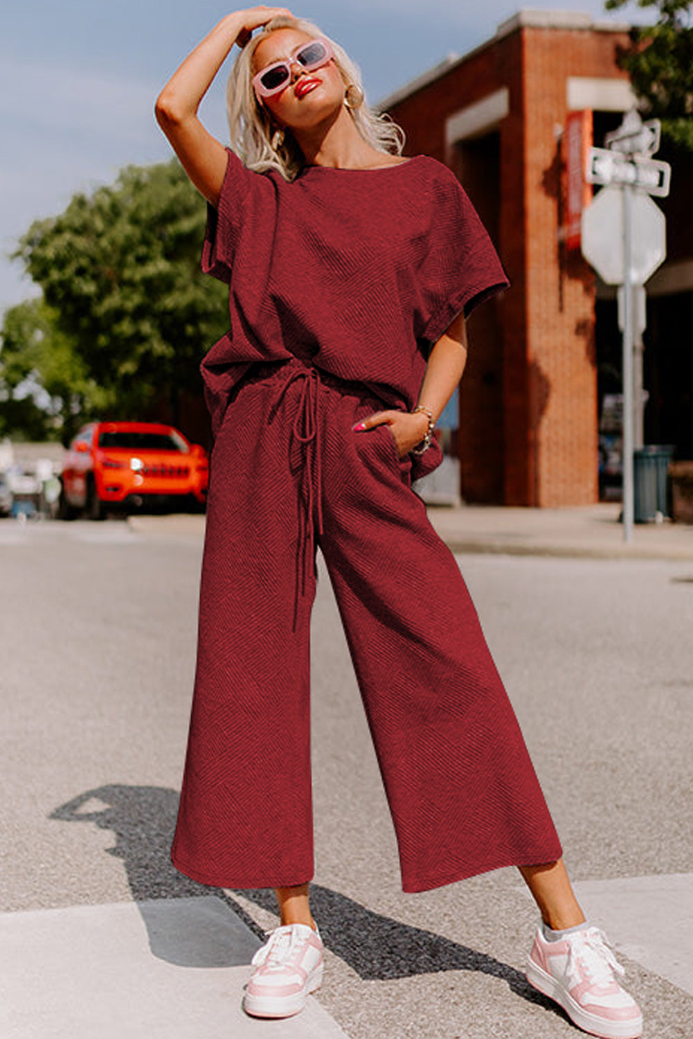 Red Dahlia Textured Loose Fit T Shirt & Drawstring Pants Set