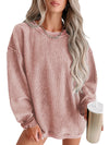 Pink Solid Ribbed Round Neck Pullover Sweatshirt