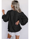 Black Textured Bubble Sleeve V Neck Loose Blouse