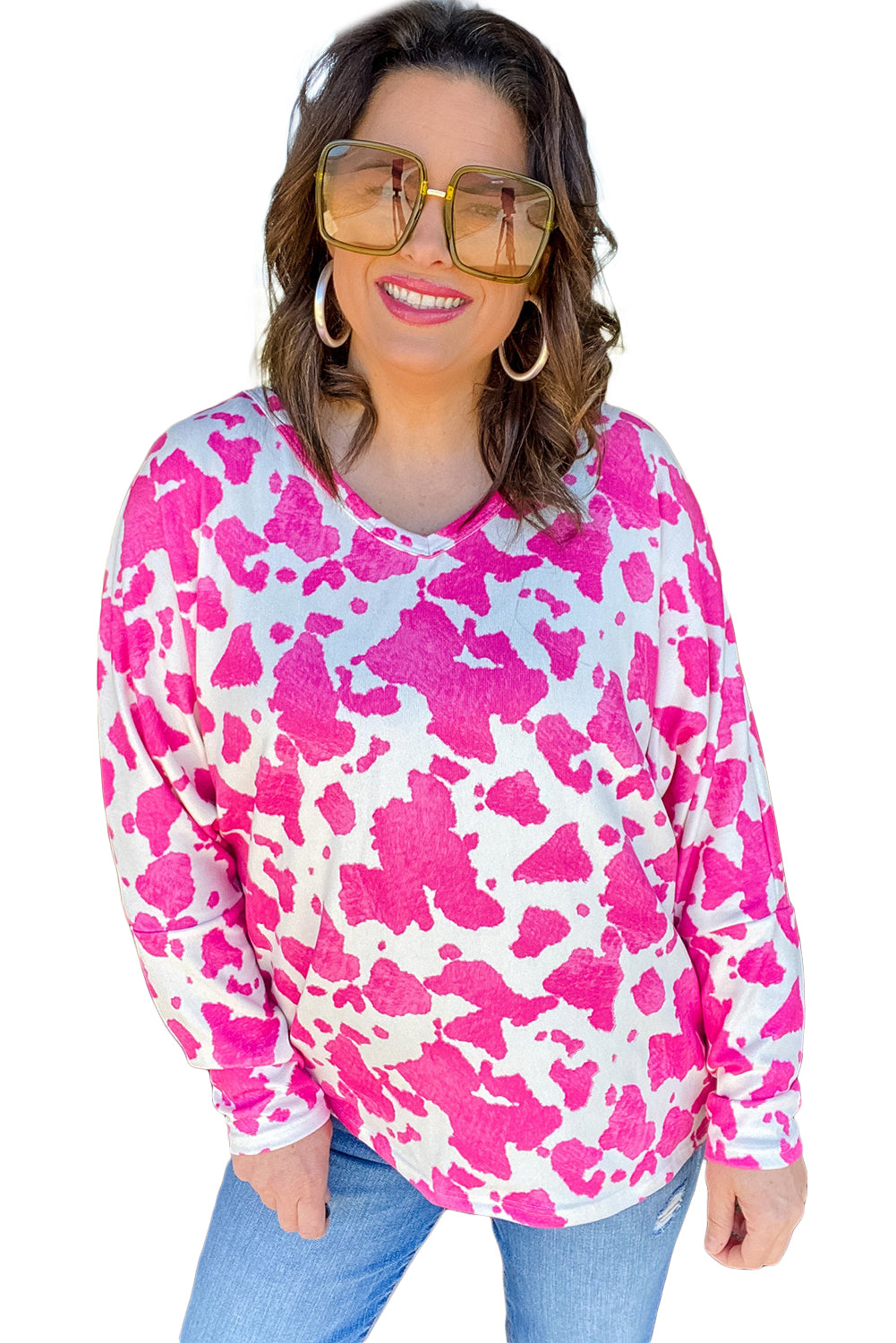 Rose Animal Print Long Sleeve V Neck Plus Size Top