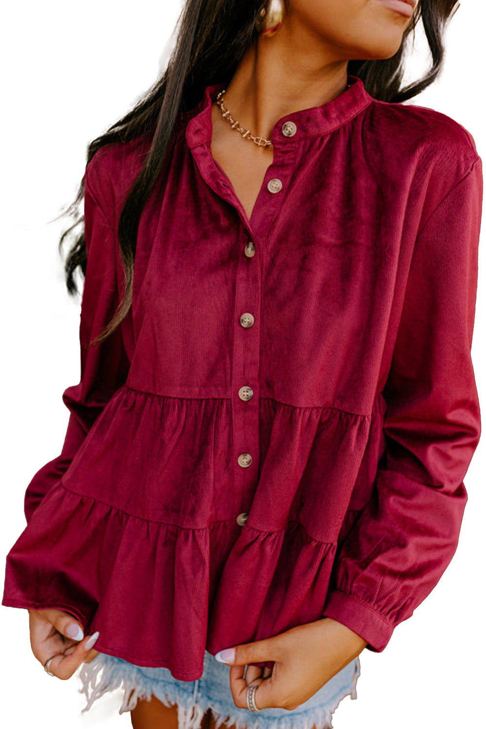 Burgundy Smocked Ruffle Tiered Button-up Shirt