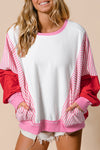 Rose Red Striped Patchwork Side Pocket Loose Sweatshirt