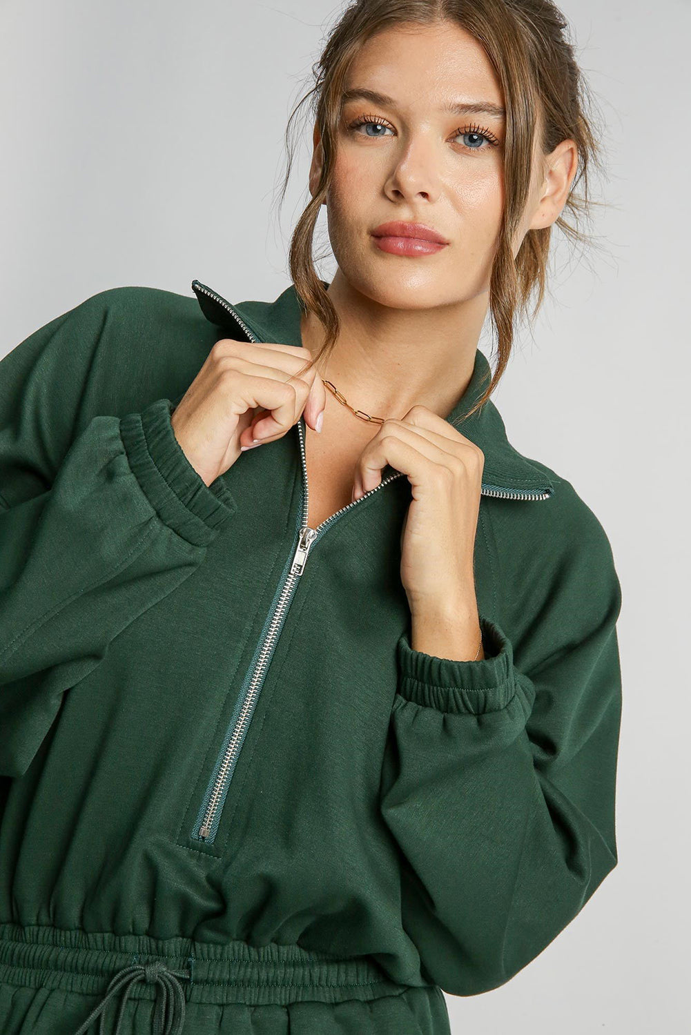 Blackish Green Solid Zip-up Drawstring Romper