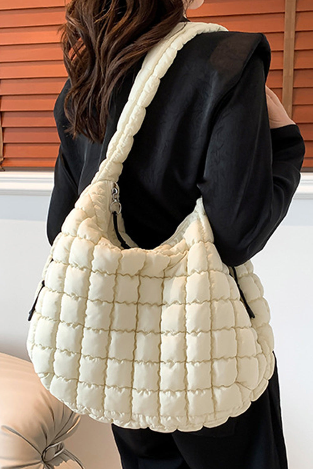 Beige Quilted Puffy Large Shoulder Bag