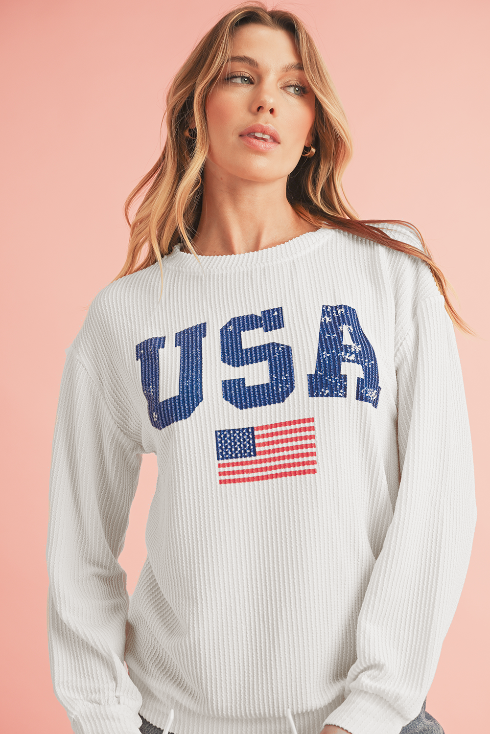 White USA Flag Print Ribbed Drop Shoulder Sweatshirt