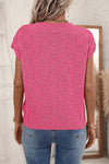 Bright Pink Lattice Textured Knit Chest Pocket Loose Blouse