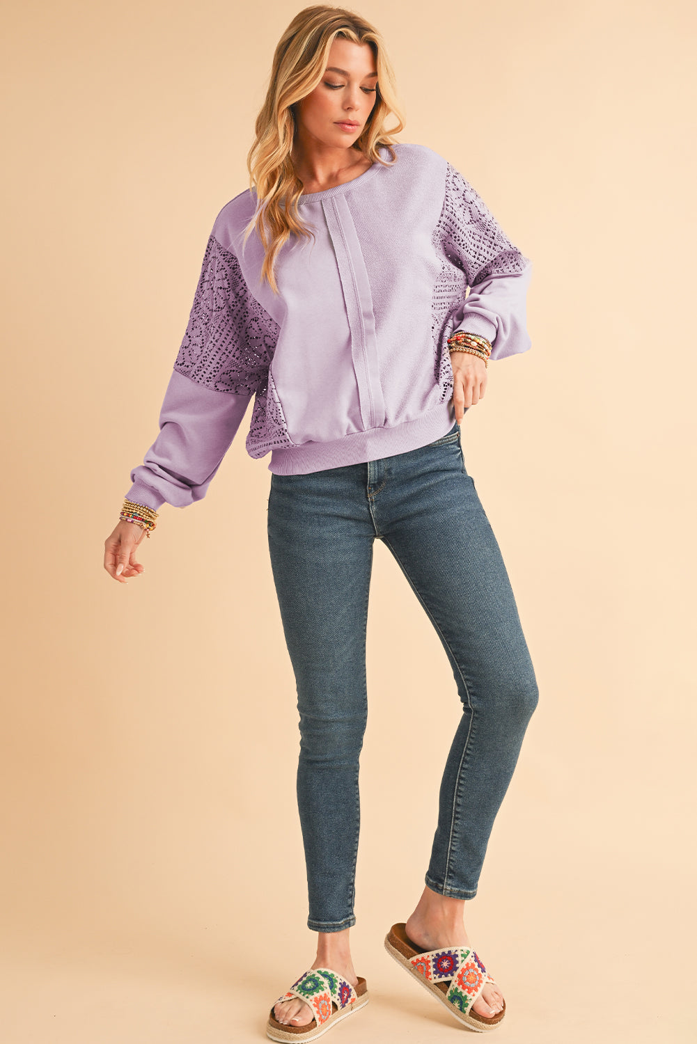 Parchment Crochet Patchwork Exposed Seam Ribbed Trim Sweatshirt