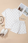 Beige Checkered V Neck Tee and Drawstring Shorts Pajama Set