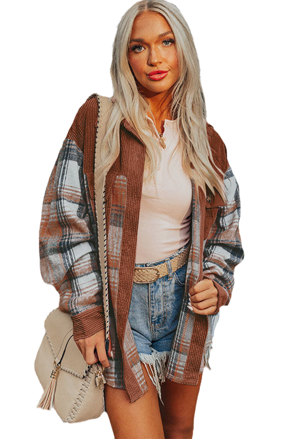 Cinnamon Plaid Corduroy Patchwork Pocket Loose Shacket