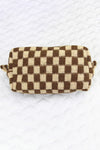 Light French Beige Checkered Knitted Zipper Makeup Bag