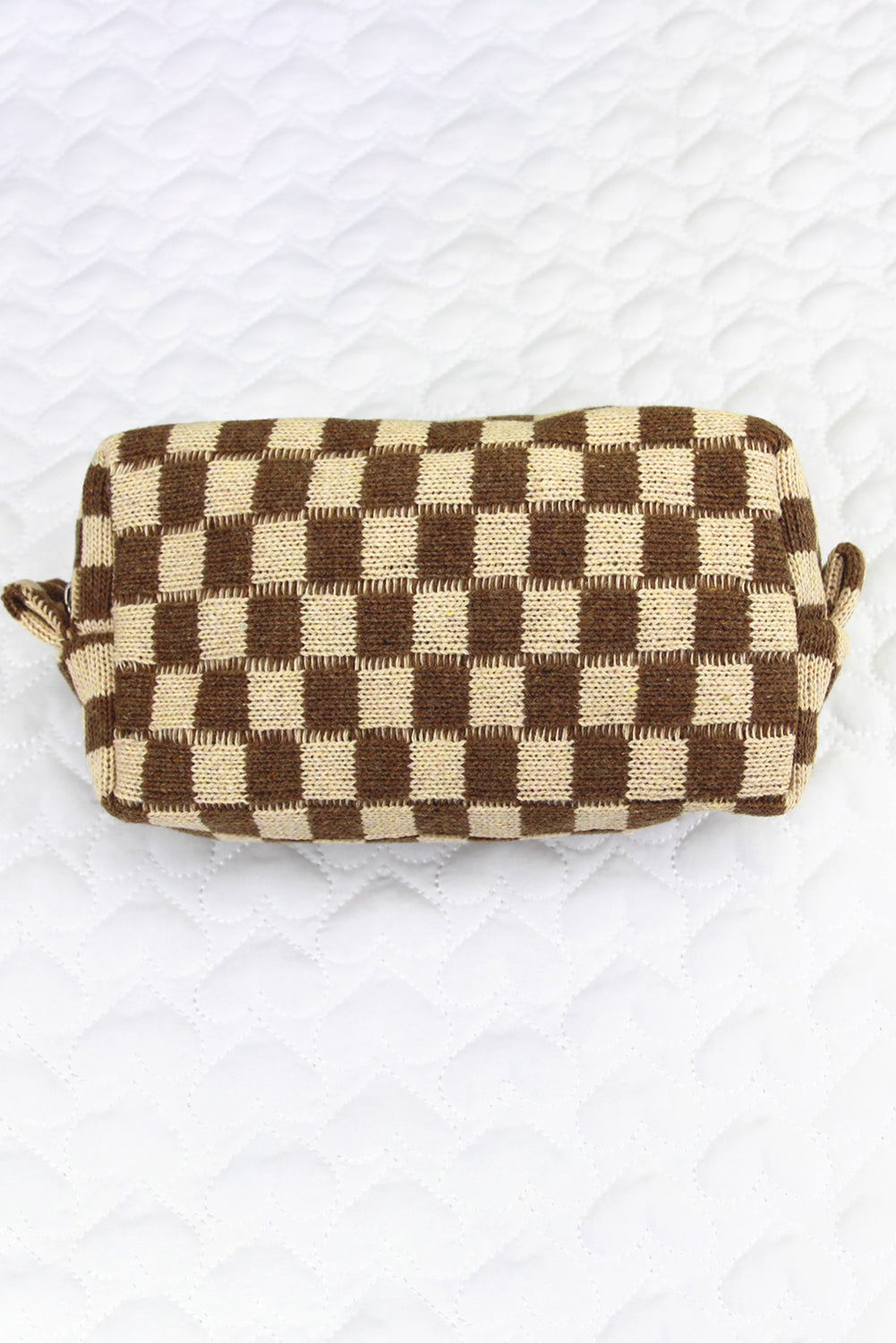 Light French Beige Checkered Knitted Zipper Makeup Bag