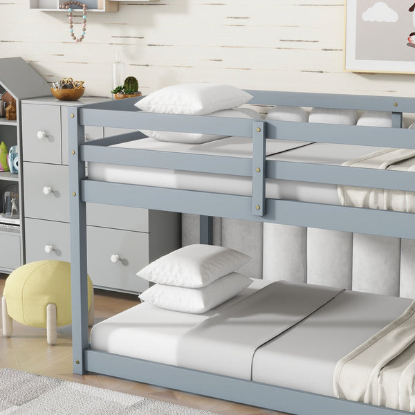 Solid Wooden , Solid Rubber Wooden Twin over Twin Floor Bunk Bed with Ladder ,Upper and Bottom Bed Platforms crafted with Strengthened Slats ,Grey