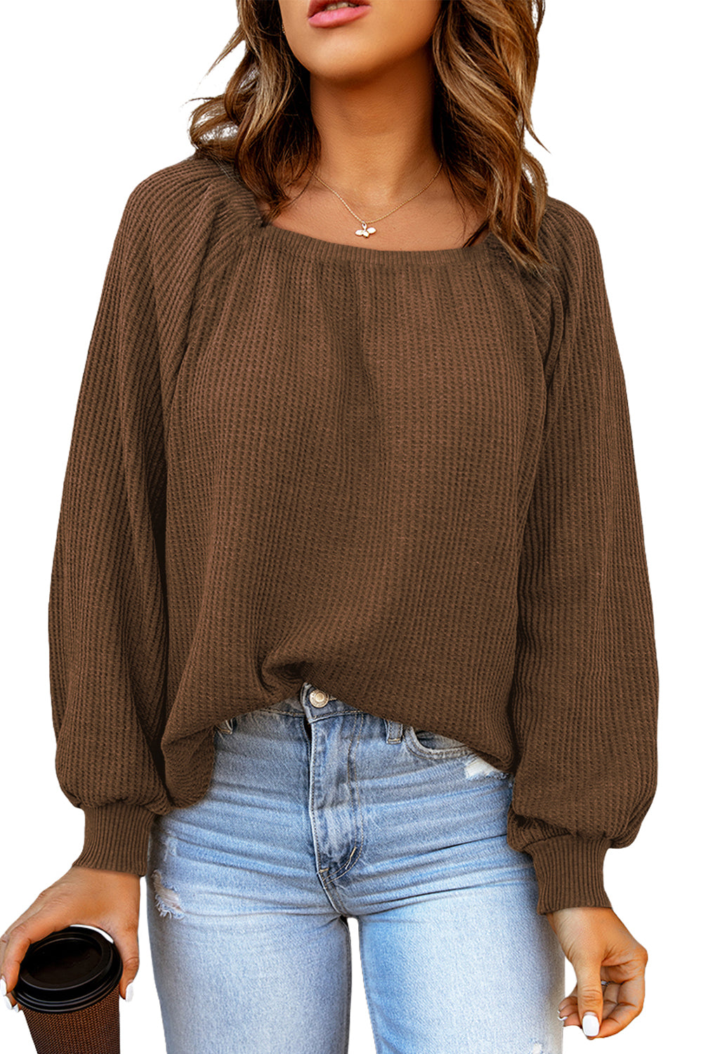 Brown Waffle Texture Casual Square Neck Pullover Top