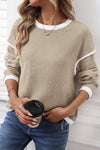 Beige Contrast Color Trim Knit Drop Shoulder Loose Top