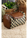 Black Checker Print Leather Zipper Makeup Bag