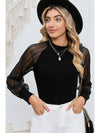 Black Basic Crew Neck Dressy Striped Mesh Long Sleeve Top