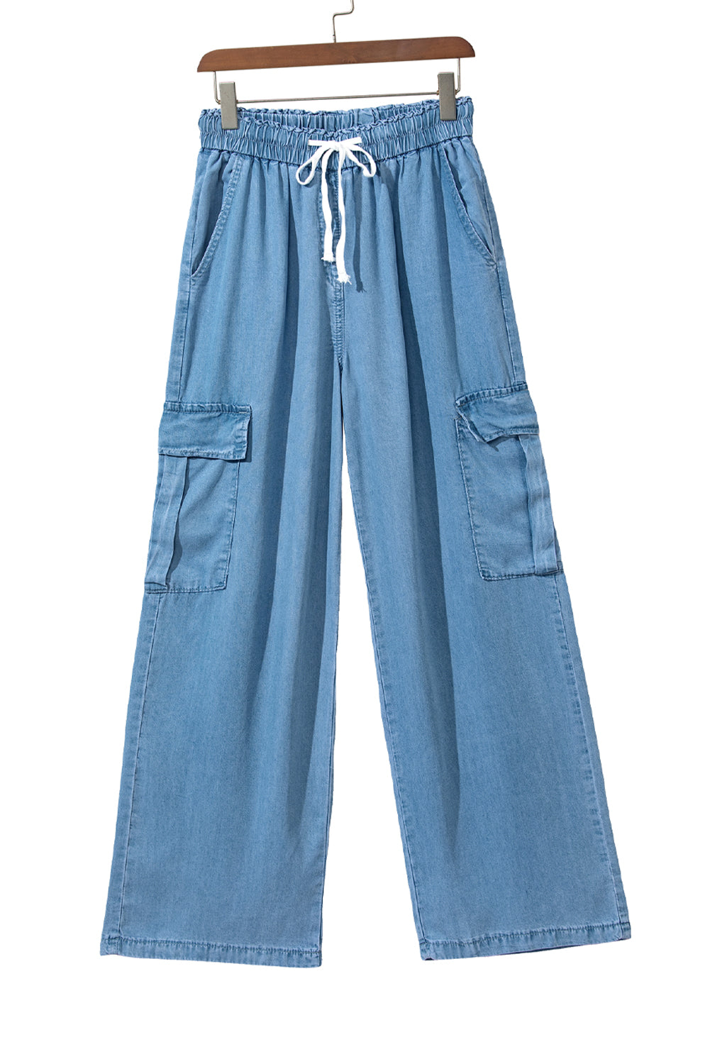 Sky Blue Drawstring High Waist Cargo Pocket Wide Leg Jeans