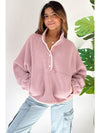 Fushia High Collar Long Sleeve Pocket Pullover Sweatshirt