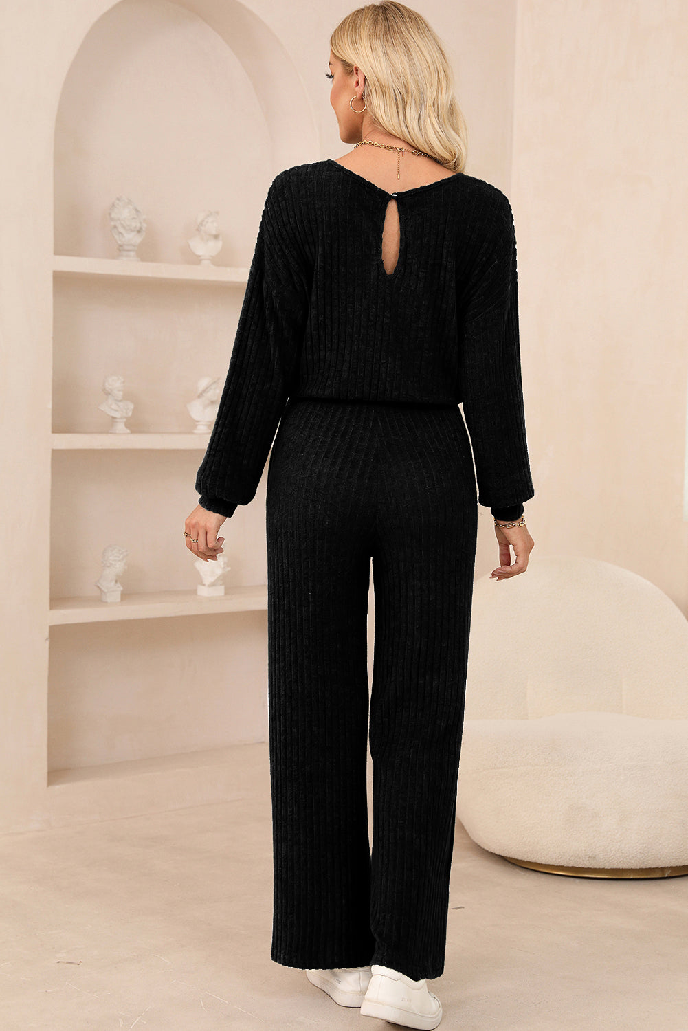 Laurel Green Solid Ribbed Knit Keyhole Back High Waist Jumpsuit