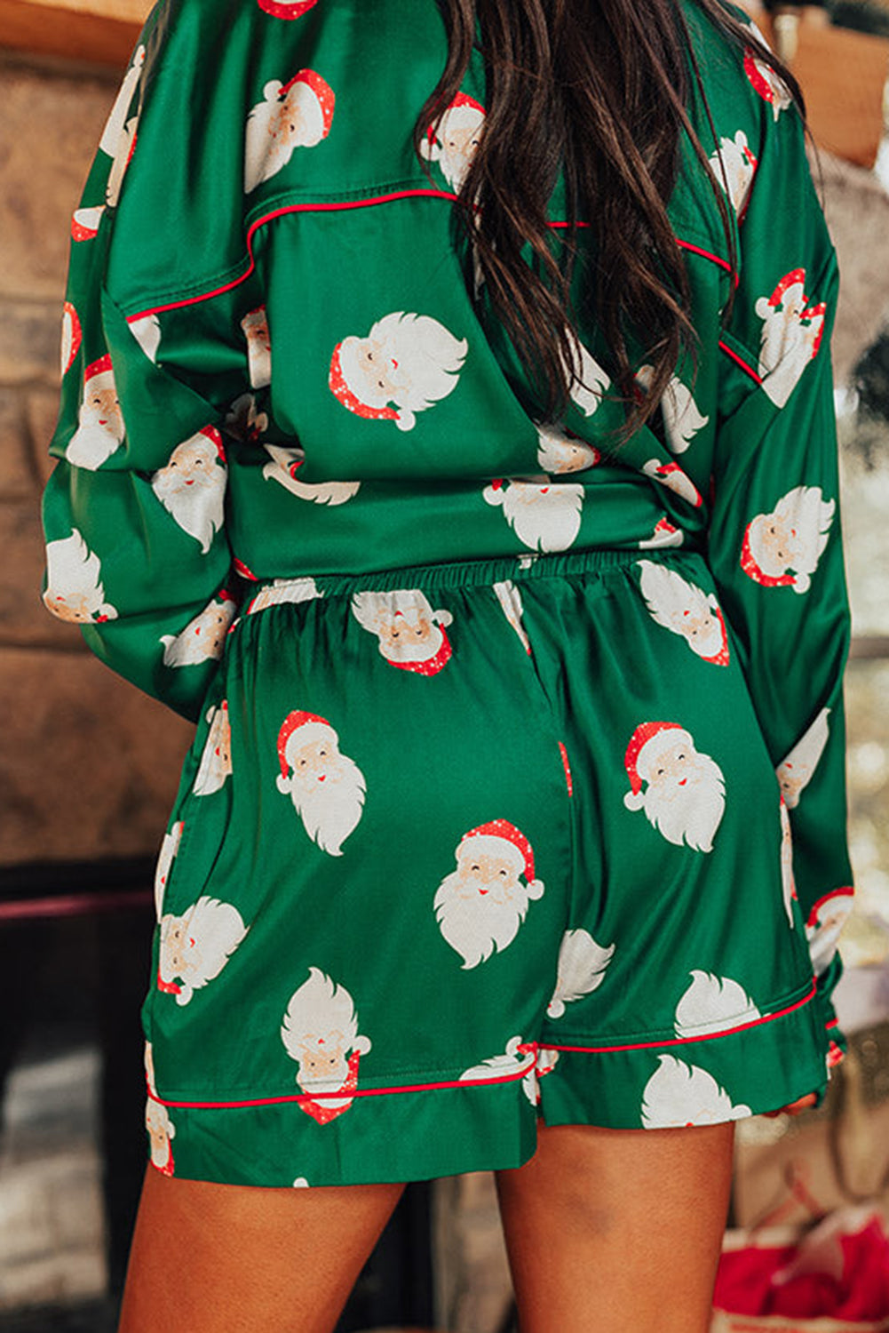 Green Christmas Santa Claus Satin Shirt and Shorts Pajama Set