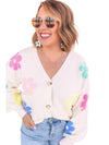 Beige Cute Flower V Neck Buttoned Plus Size Cardigan