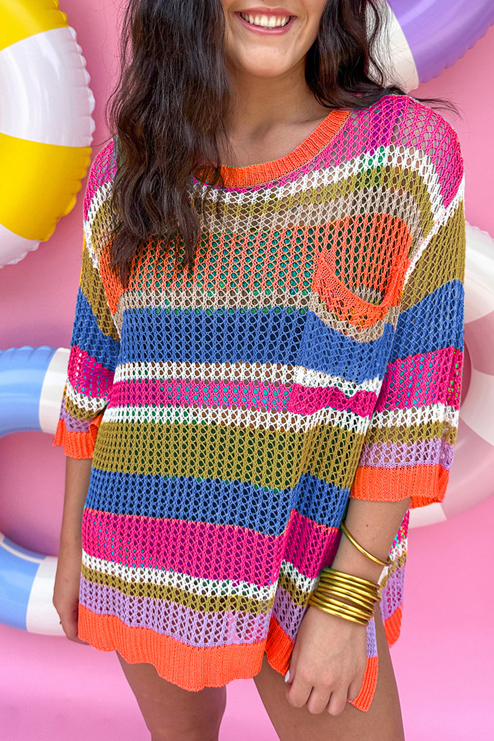 Pink Striped Color Block Hollow Crochet 3/4 Sleeve T Shirt