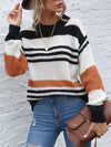 Contrast Striped Round Neck Long Sleeve Sweater - Cocoa Yacht Club