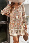 Apricot Floral Printed Loose Casual V-Neck Lace-Up Dress