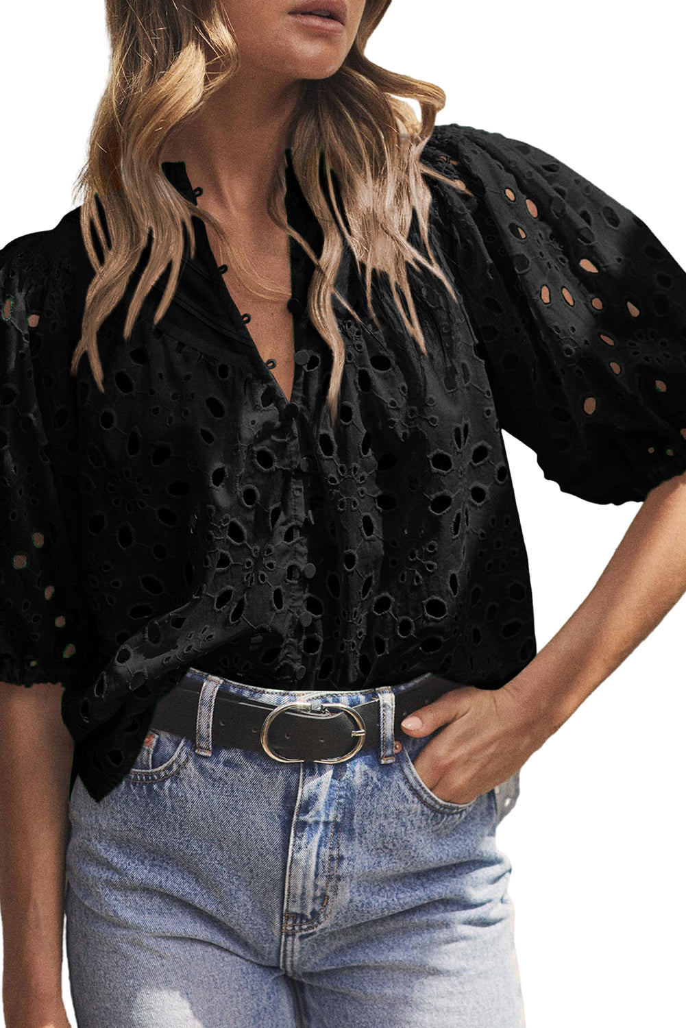 Bonbon Hollow-out Flower Embroidered Short Puff Sleeve Blouse