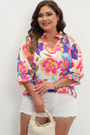 Rose Red Floral Puff Sleeve Notched Neck Plus Blouse