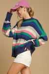 Bright Green Rainbow Striped Round Neck Drop Sleeve Sweater