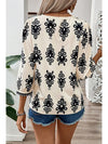 Beige Abstract Print Puff Sleeve V Neck Blouse