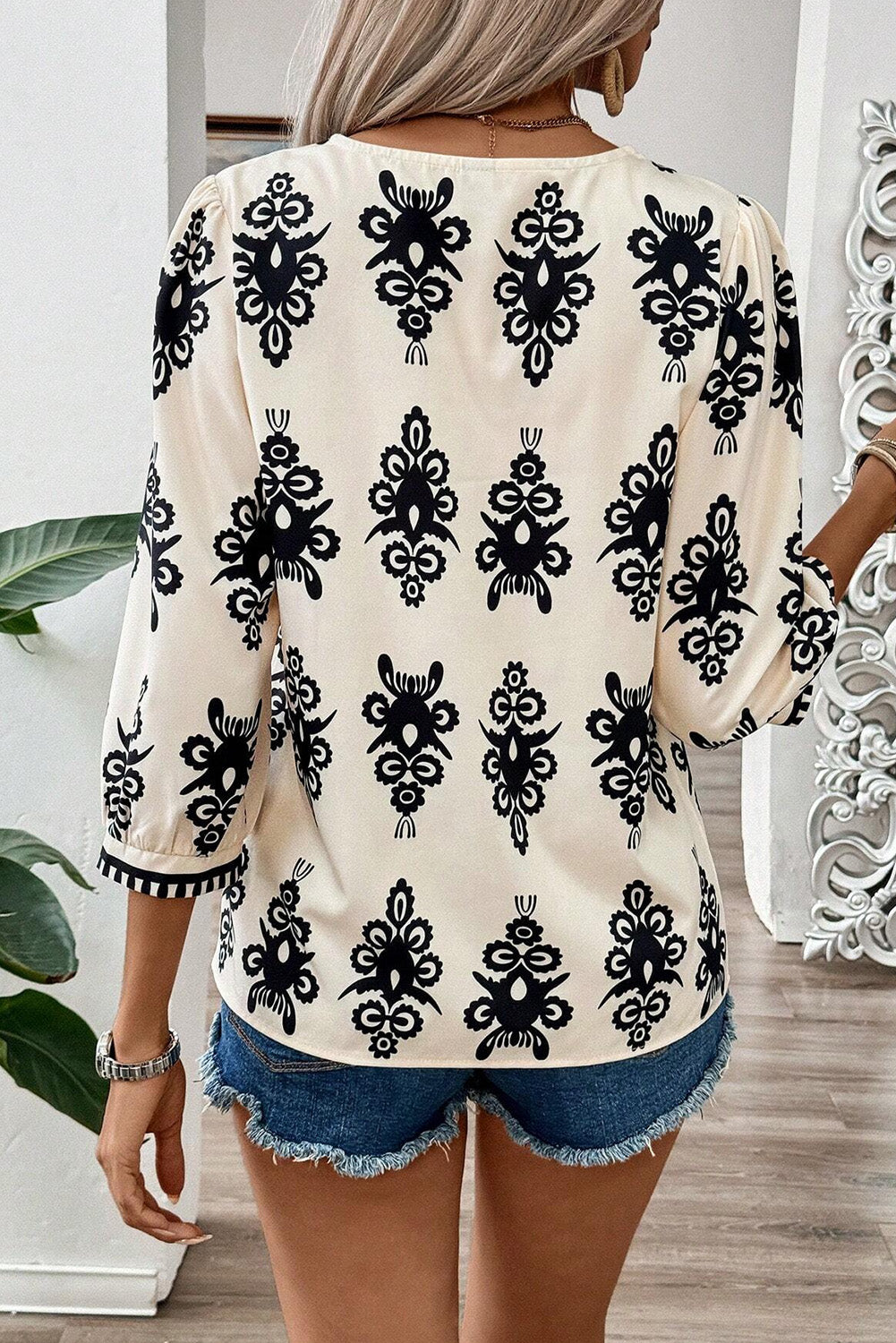 Beige Ethnic Abstract Print Puff Sleeve V Neck Blouse