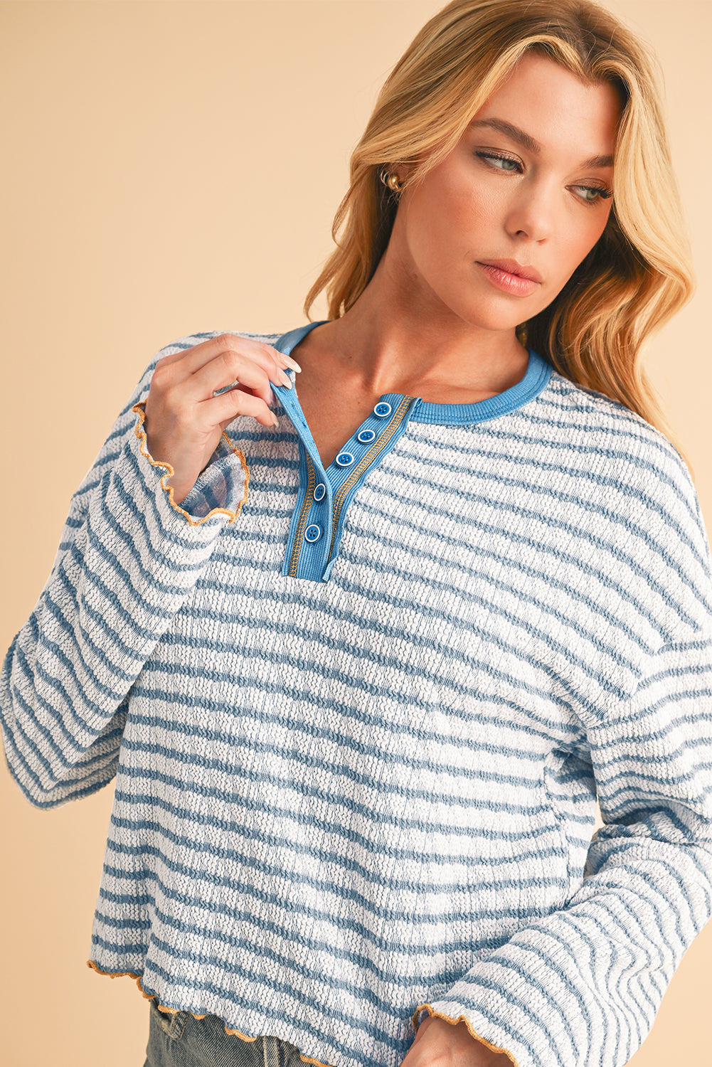 Sky Blue Stripe Textured Long Sleeve Henley Top