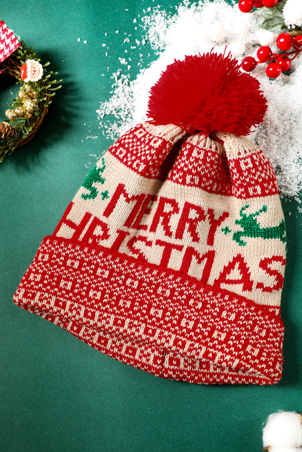 Fiery Red MERRY CHRISTMAS Winter Pom Beanie Hat