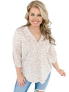 Apricot Leopard Tab Sleeve V Neck Plus Size Top