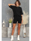 Black Ribbed Knit Drop Shoulder T Shirt & Shorts Two Piece Shorts Sets