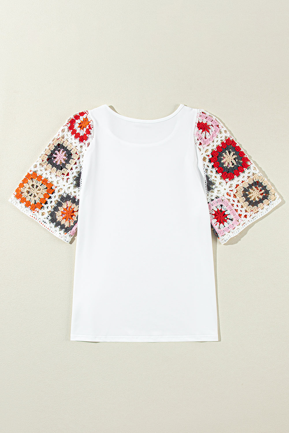 White Floral Hollowed Crochet Sleeve Boho T Shirt