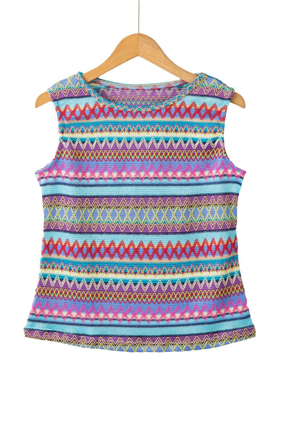 Yellow Ethnic Wavy Pattern Round Neck Sleeveless Top