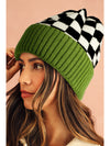 Spinach Green Checkered Color Block Unisex Winter Beanie Hat