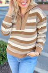 Khaki Striped Zipper Collar Pullover Sweatshirt