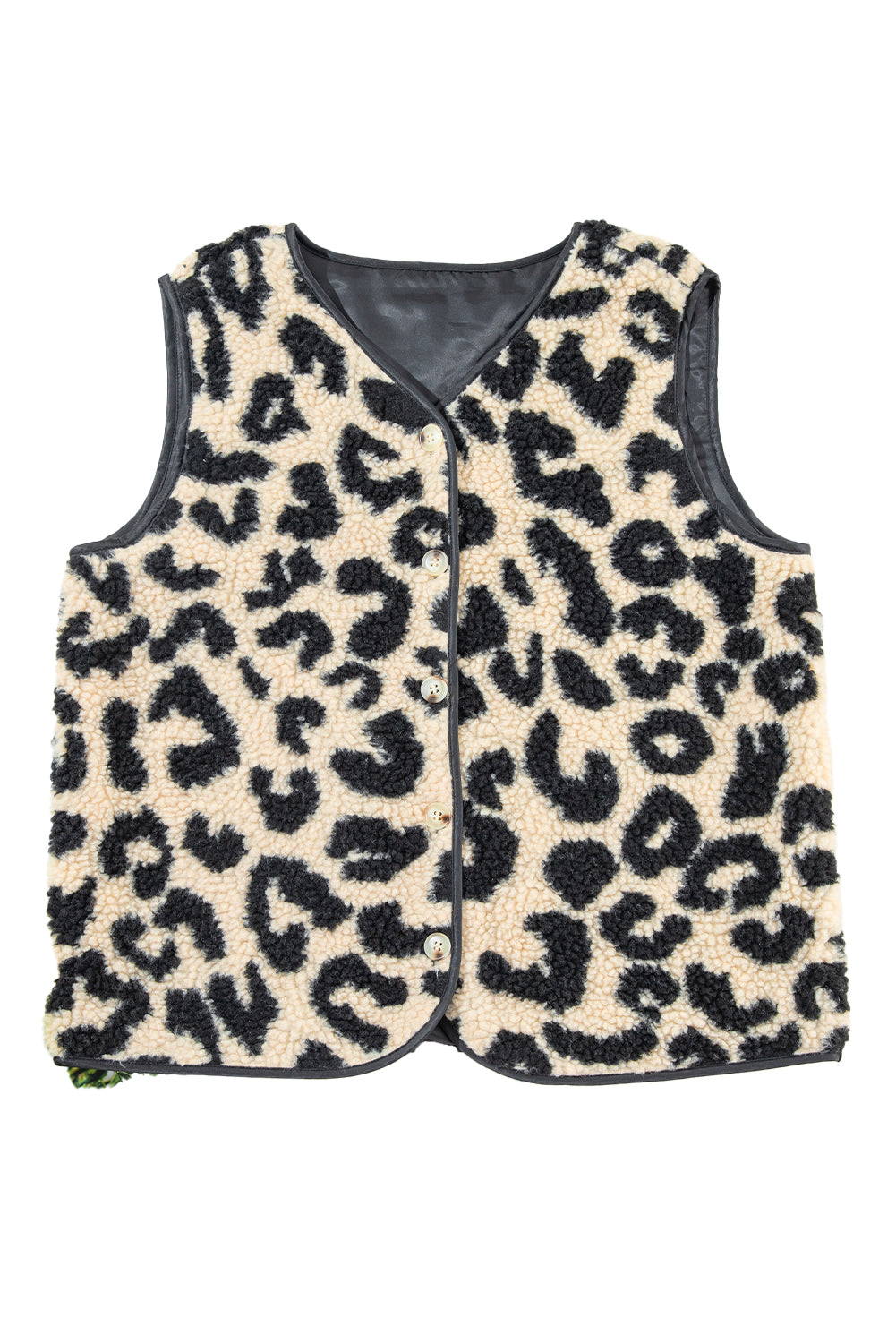 Black Leopard Print Sherpa Button Front Vest Coat