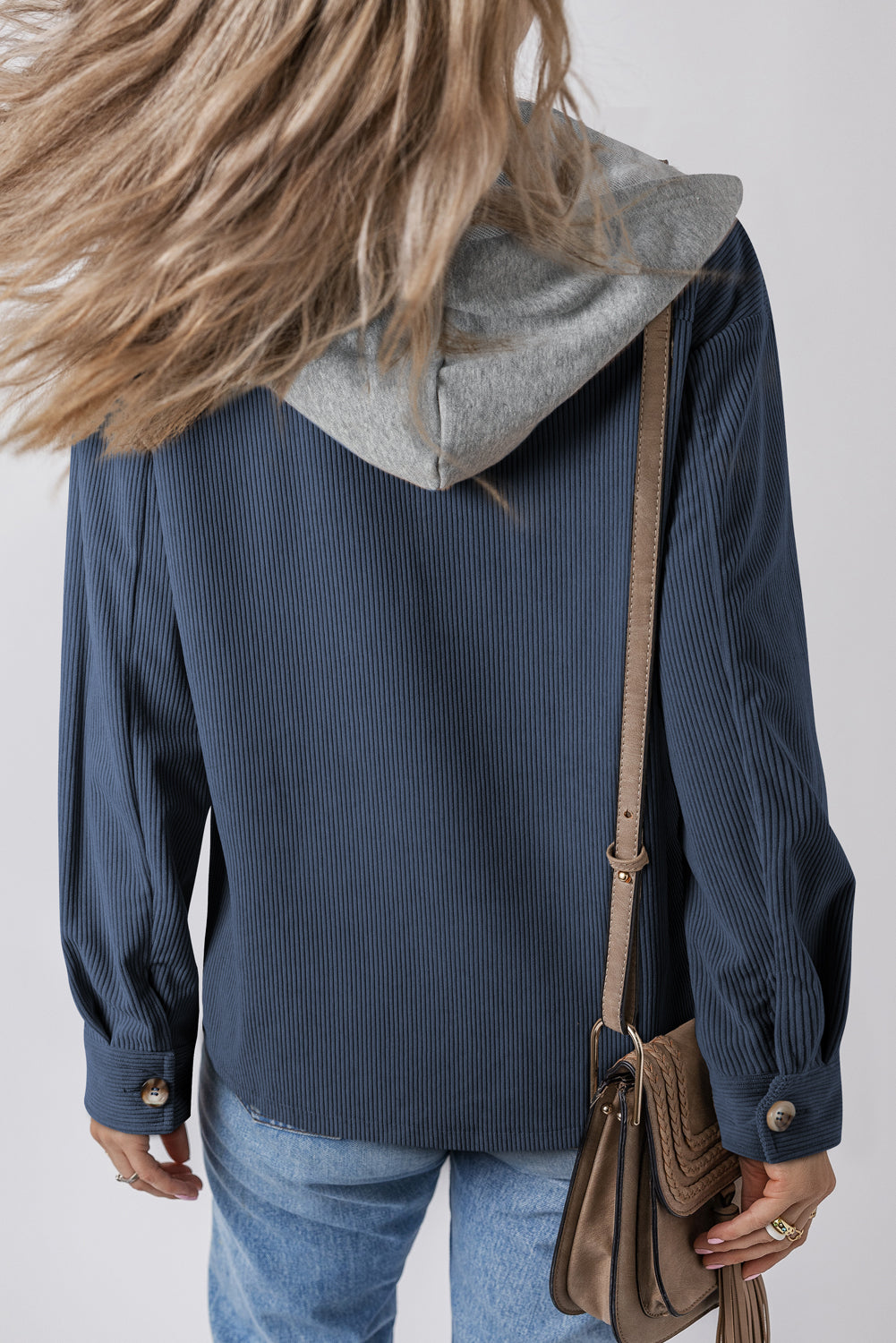 Sail Blue Pockets Drawstring Hooded Corduroy Shacket