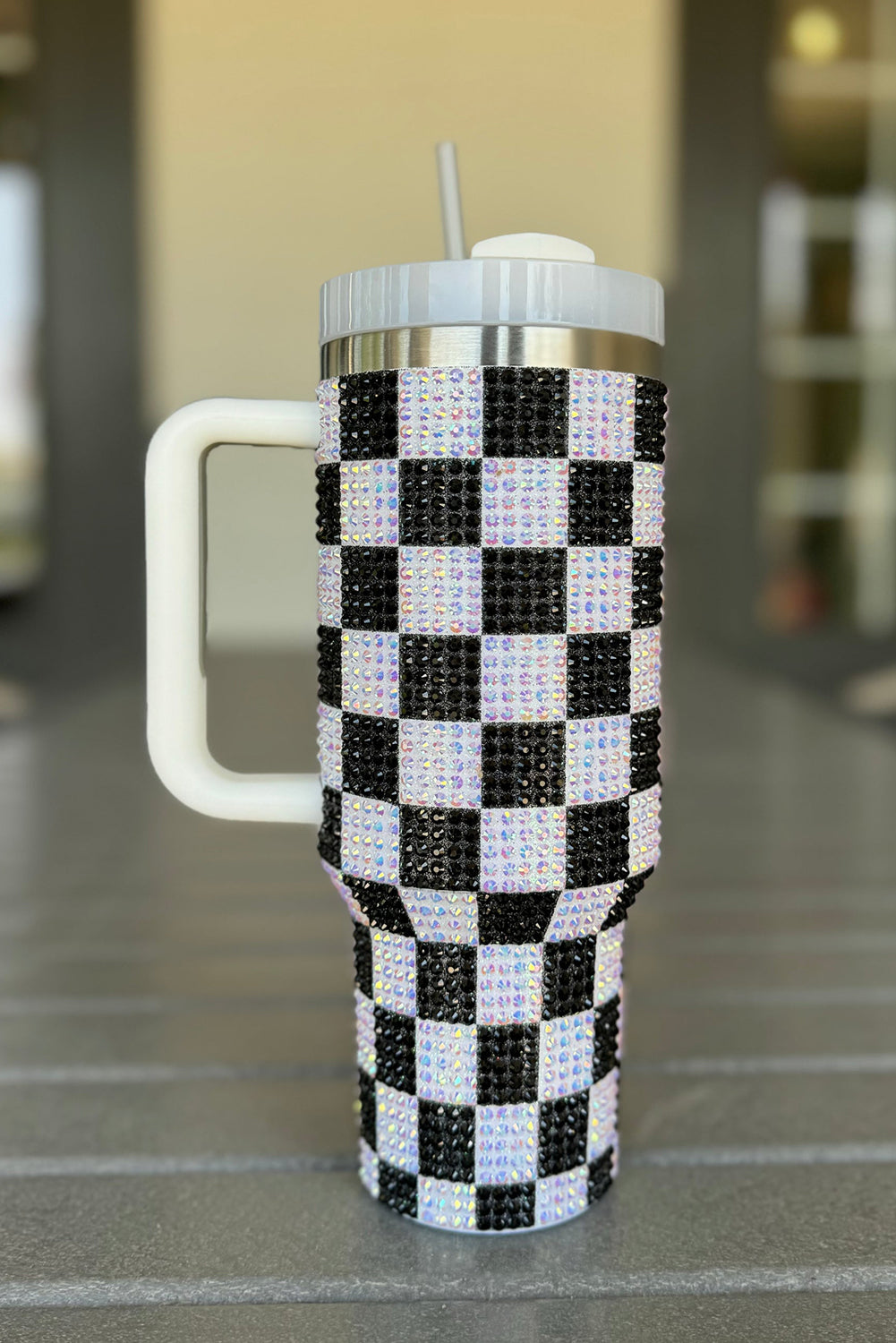 Black 40oz Rhinestone Checkered Handled Tumbler