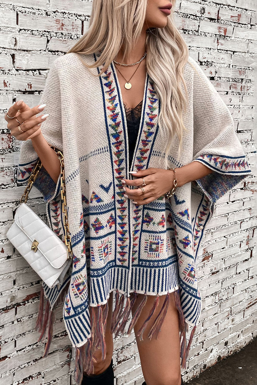 Beige Casual Loose Jacquard Cape Poncho Jacket