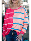 Rose Stripe Color Block Crewneck Long Sleeve Plus Size T Shirt