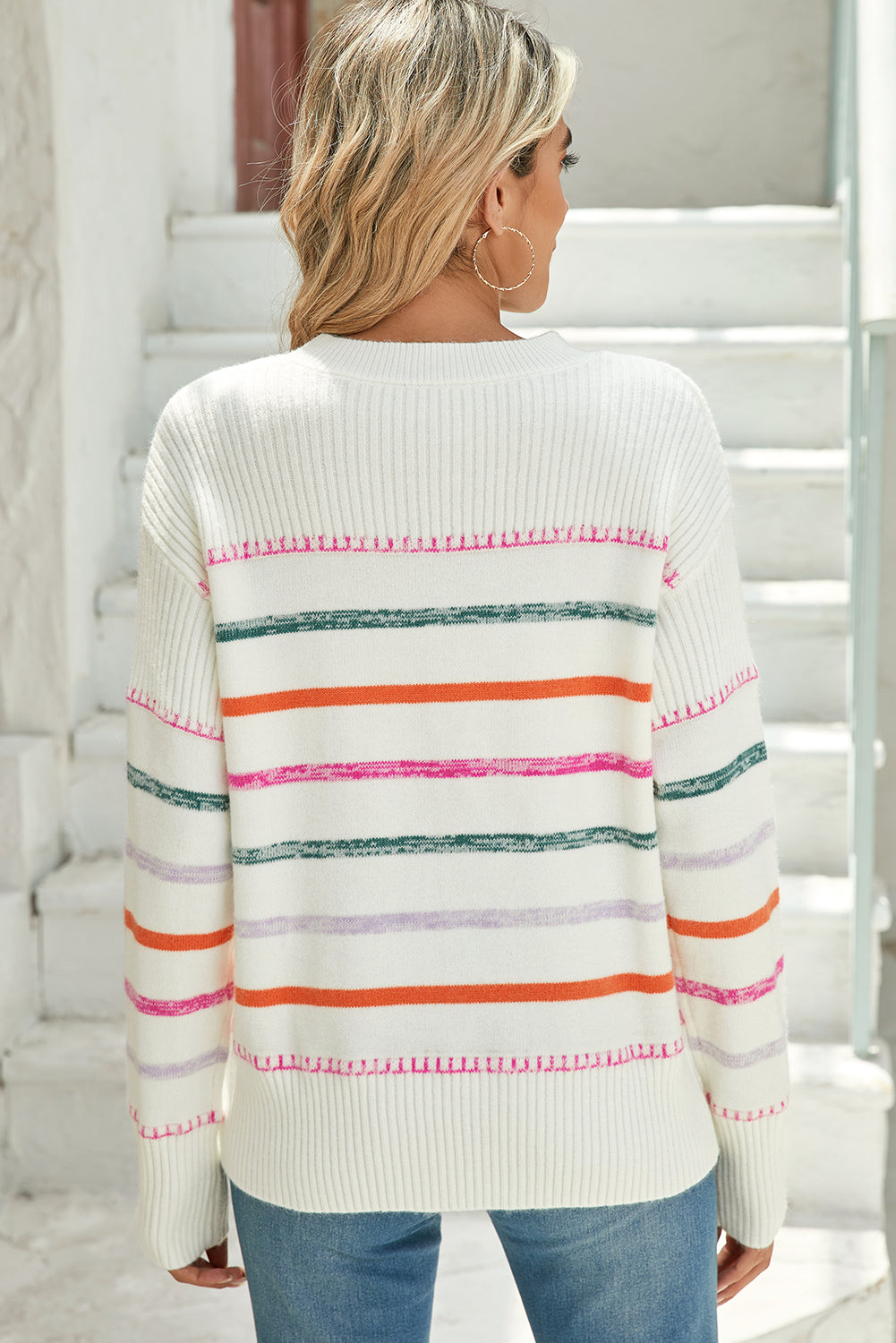 Black Colorful Striped Ribbed Trim Round Neck Sweater