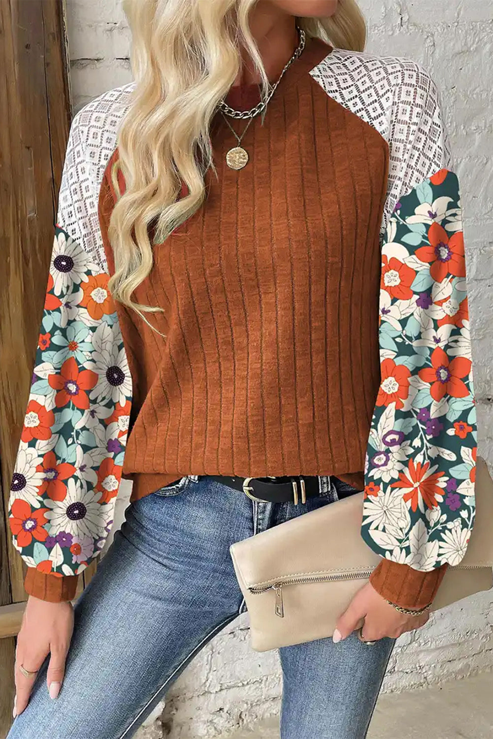 Parchment Floral Patchwork Raglan Sleeve Ribbed Blouse