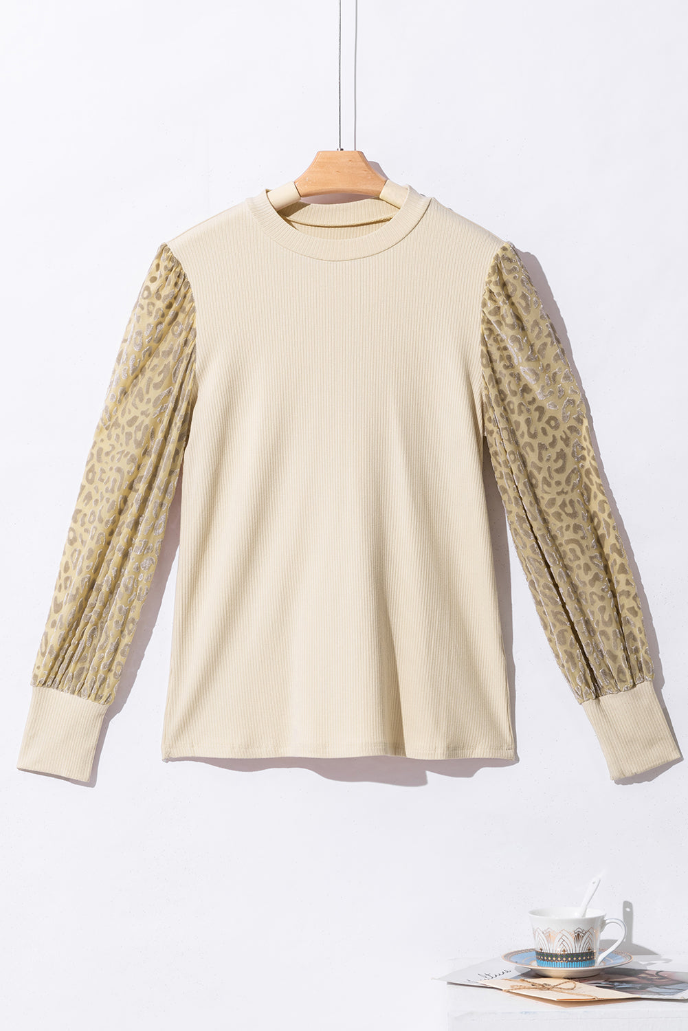 Apricot Leopard Print Long Sleeve Ribbed Knit Blouse